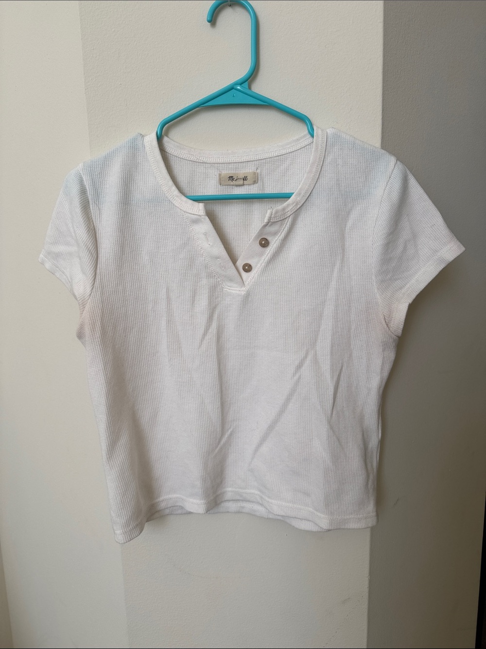 Madewell White Ribbed Henley V-Notch Crop Top